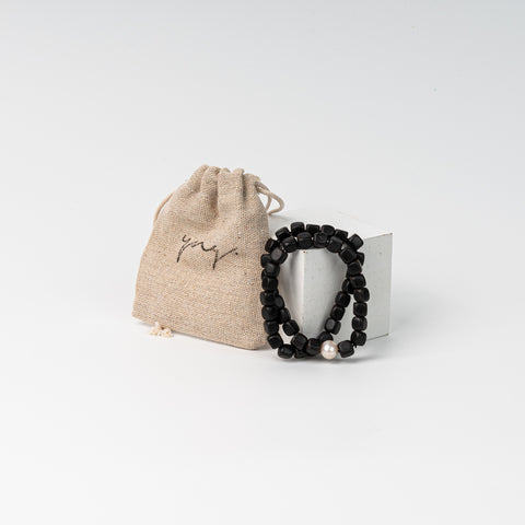 YNG Double Twirl Bracelet Black Ebony Wood + Single Pearl (Grounding, Purity)
